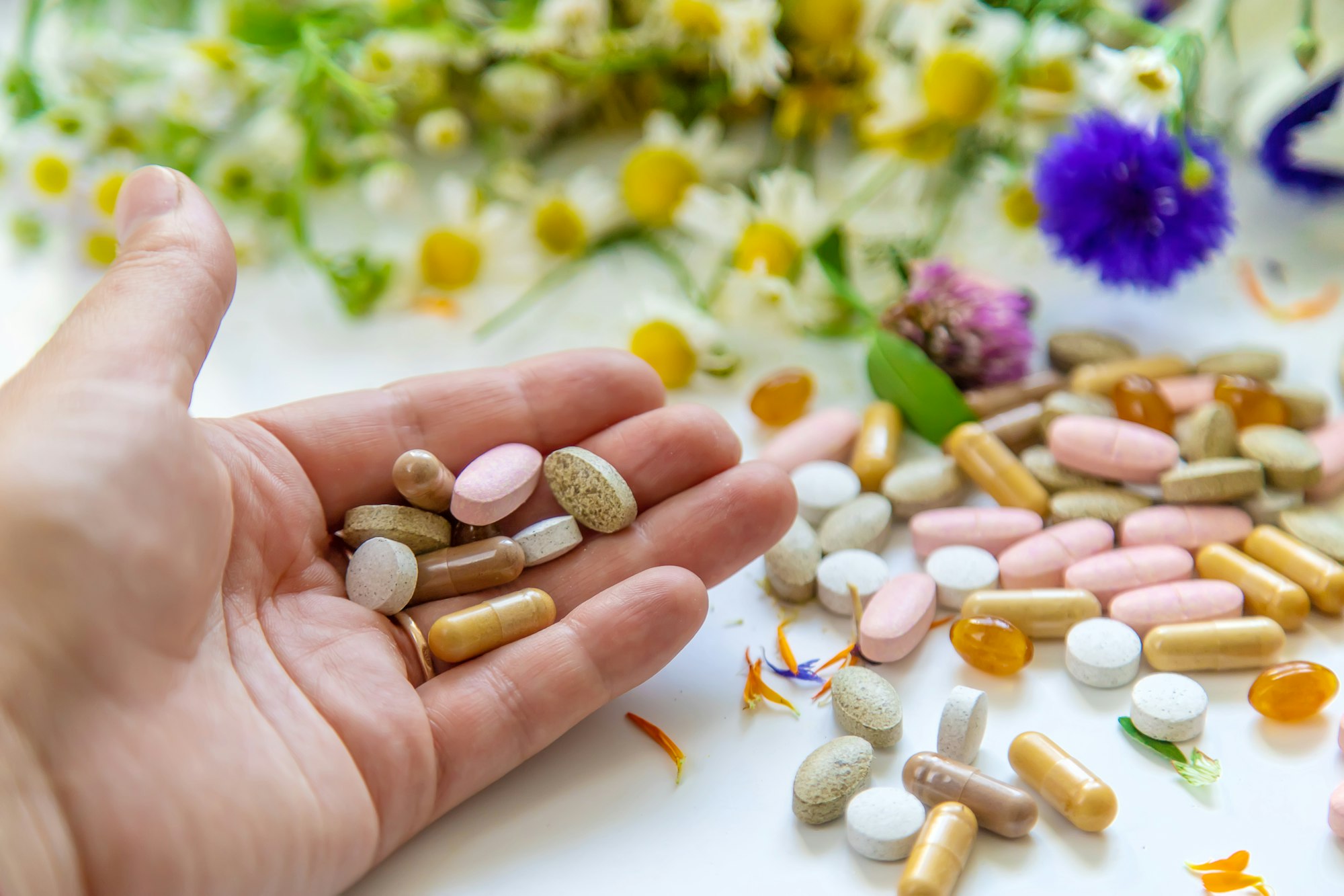 Homeopathy and dietary supplements from medicinal herbs. Selective focus.